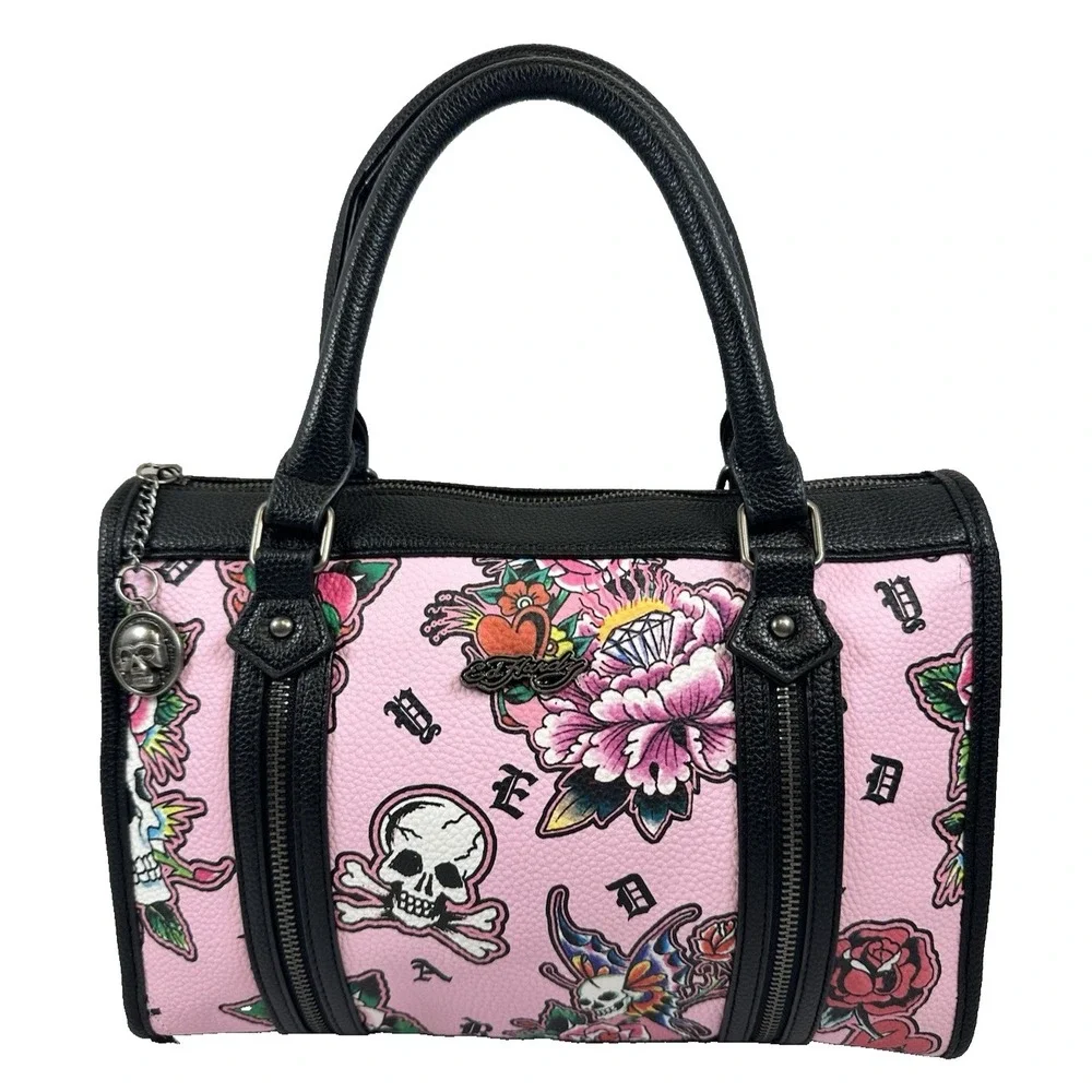 Ed Hardy Pink Skull Rose Satchel Barrel Bag Vegan Leather w Strap